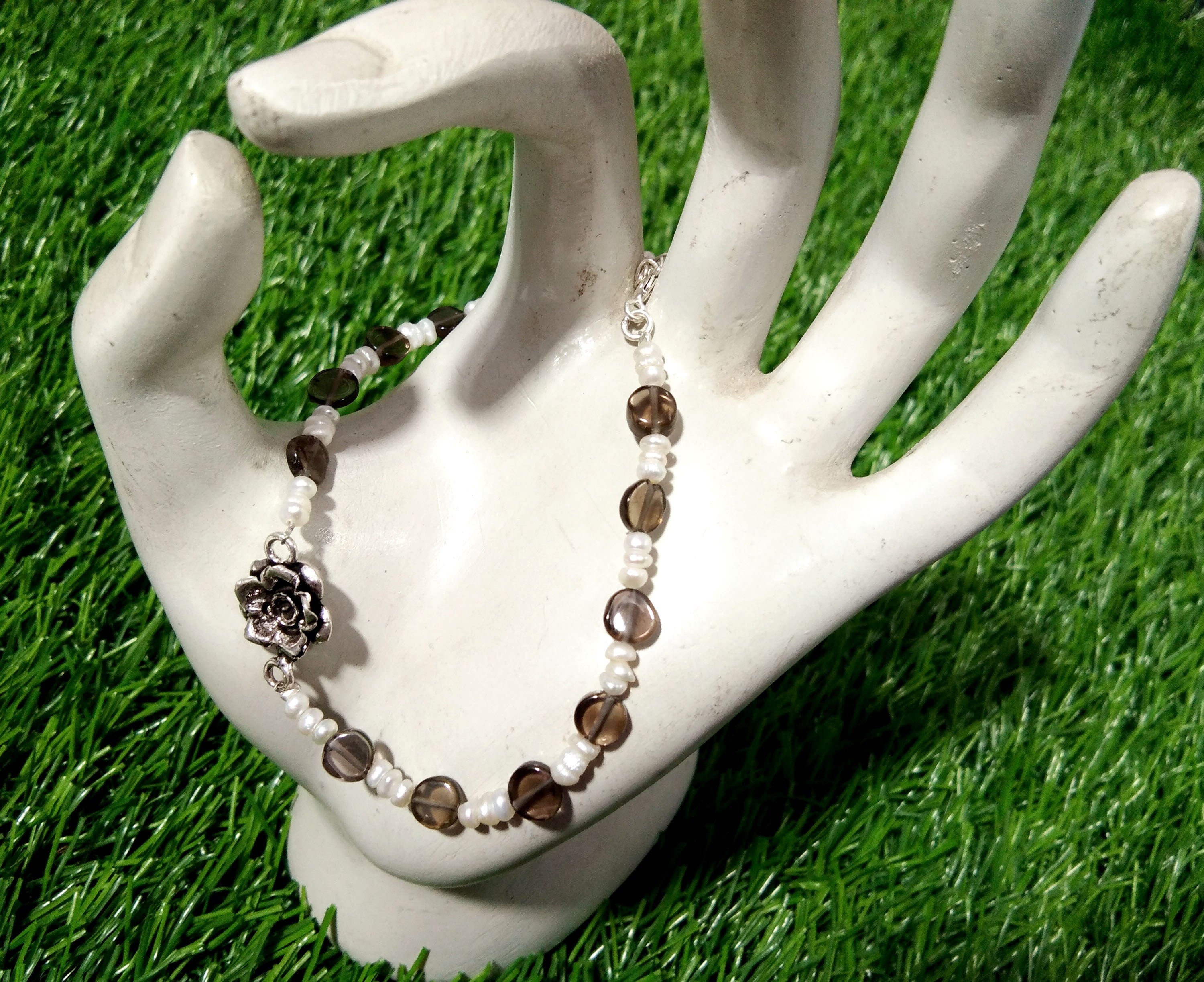 20%Off ! Freshwater Pearl & Smoky Quartz Bracelet, Pearl Jewelry, Solid 925 Sterling Silver Stone Bracelet, Bridesmaid Gift, Bridal Bracelet